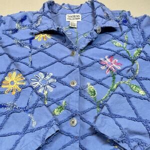 Chenille Cardigan Button Up Cotton Floral Jacket Top Cottagecore Size Lg pockets